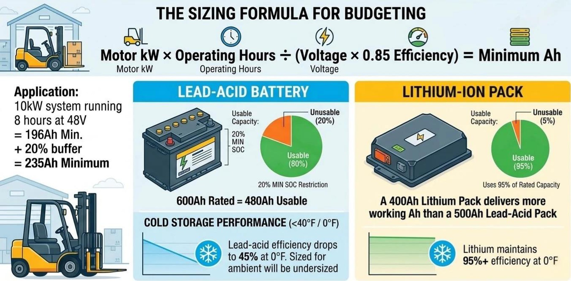 Electric forklift battery sizing calculation formula showing Motor kW, operating hours, voltage, and efficiency to determine minimum Ah capacity for lithium vs lead-acid Electric forklift battery sizing calculation formula showing Motor kW, operating hours, voltage, and efficiency to determine minimum Ah capacity for lithium vs lead-acid